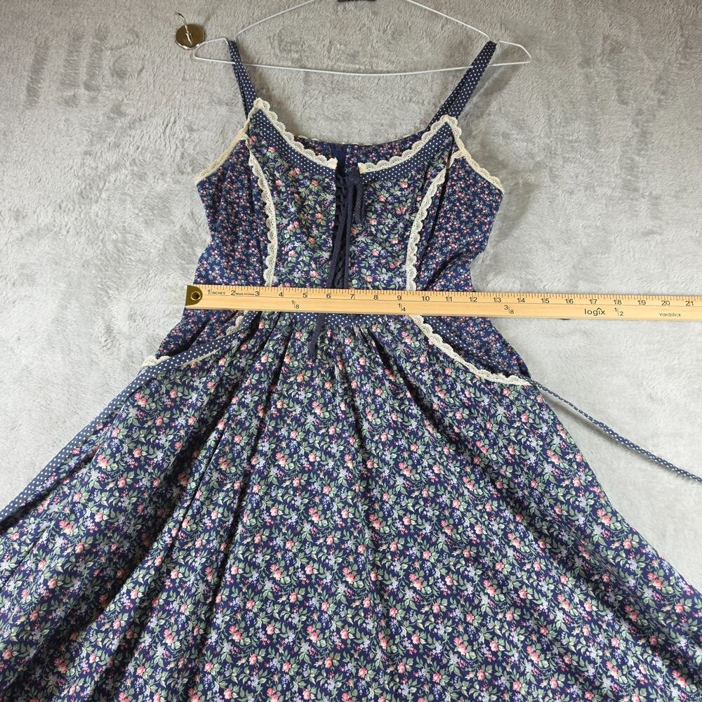 VTG 70s Gunne Sax Jessica Blue Calico Floral Prairie Dress Corset Lace Up Size 7 - Picture 5 of 14
